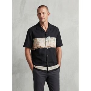 Bamboo Cay Tropical Palm Tree Island Embroidered Rayon Camp Shirt Black Large